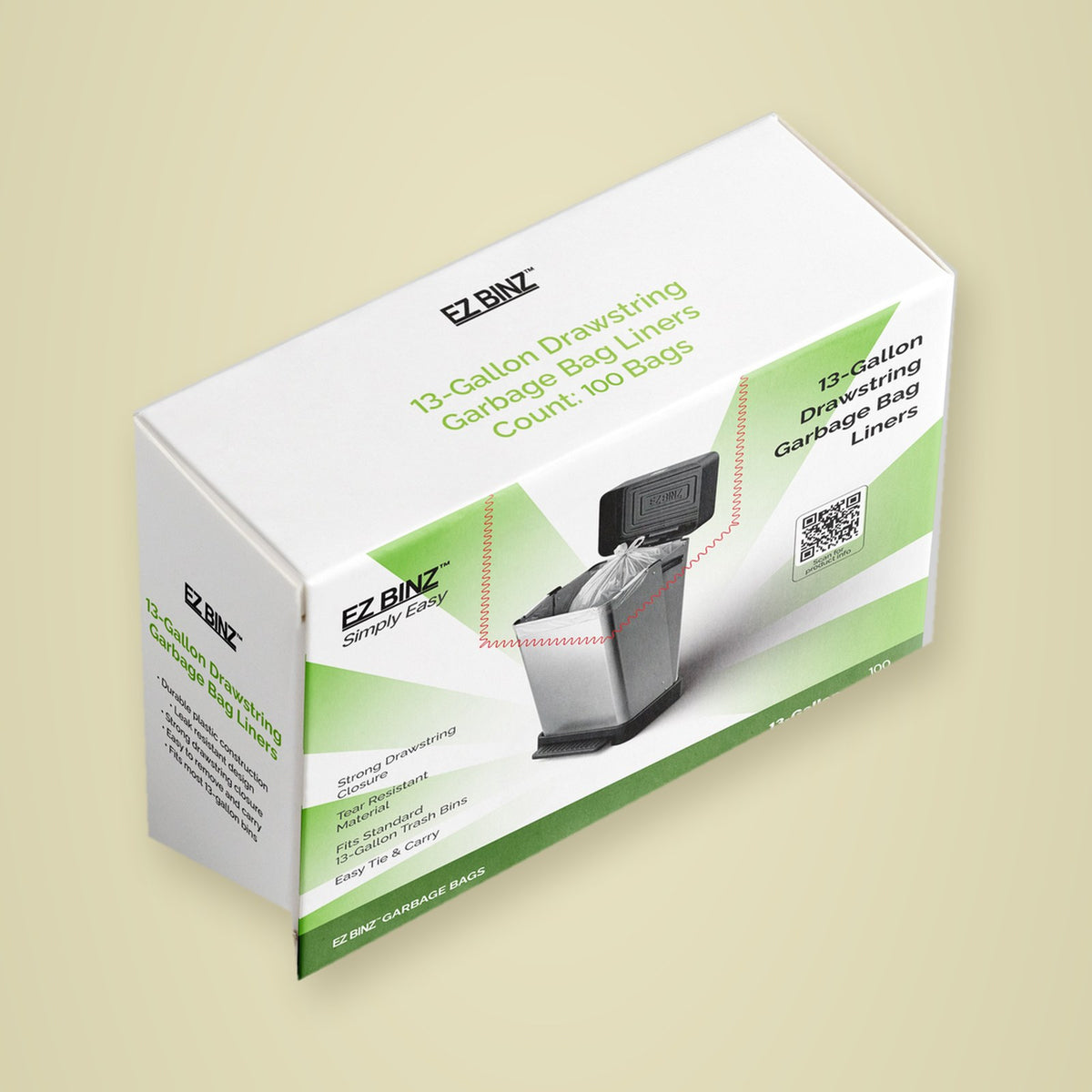 EZ BINZ 100 count garbage bag box, angled view