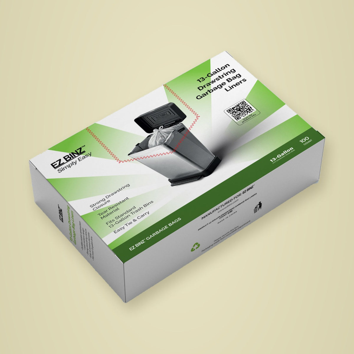 Front of the EZ BINZ 100 count garbage bag box