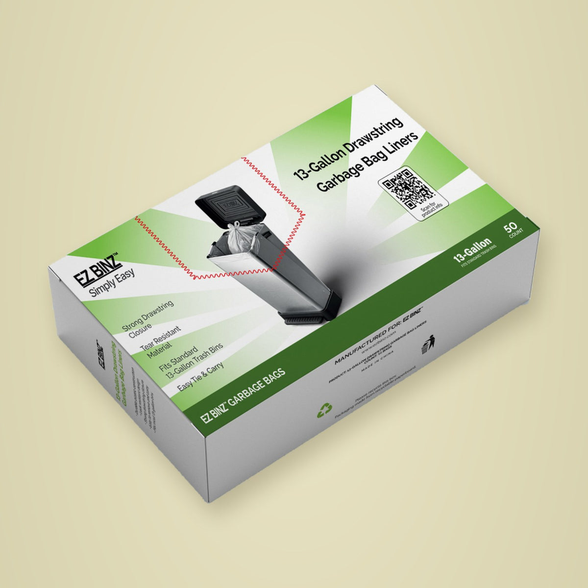Front of the EZ BINZ 50 count garbage bag box