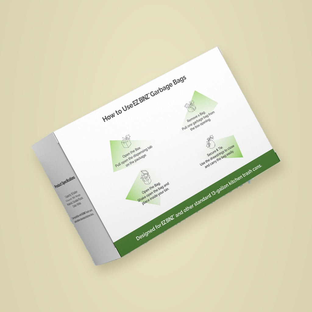 How to use EZ BINZ garbage bags, printed on the back of the box